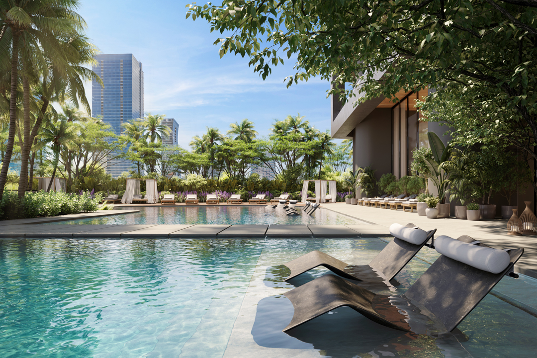 Ora pool deck and planted lounge areas, developer rendering