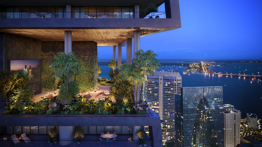 Bosco garden at dusk for Ora by Casa Tua, developer-provided image