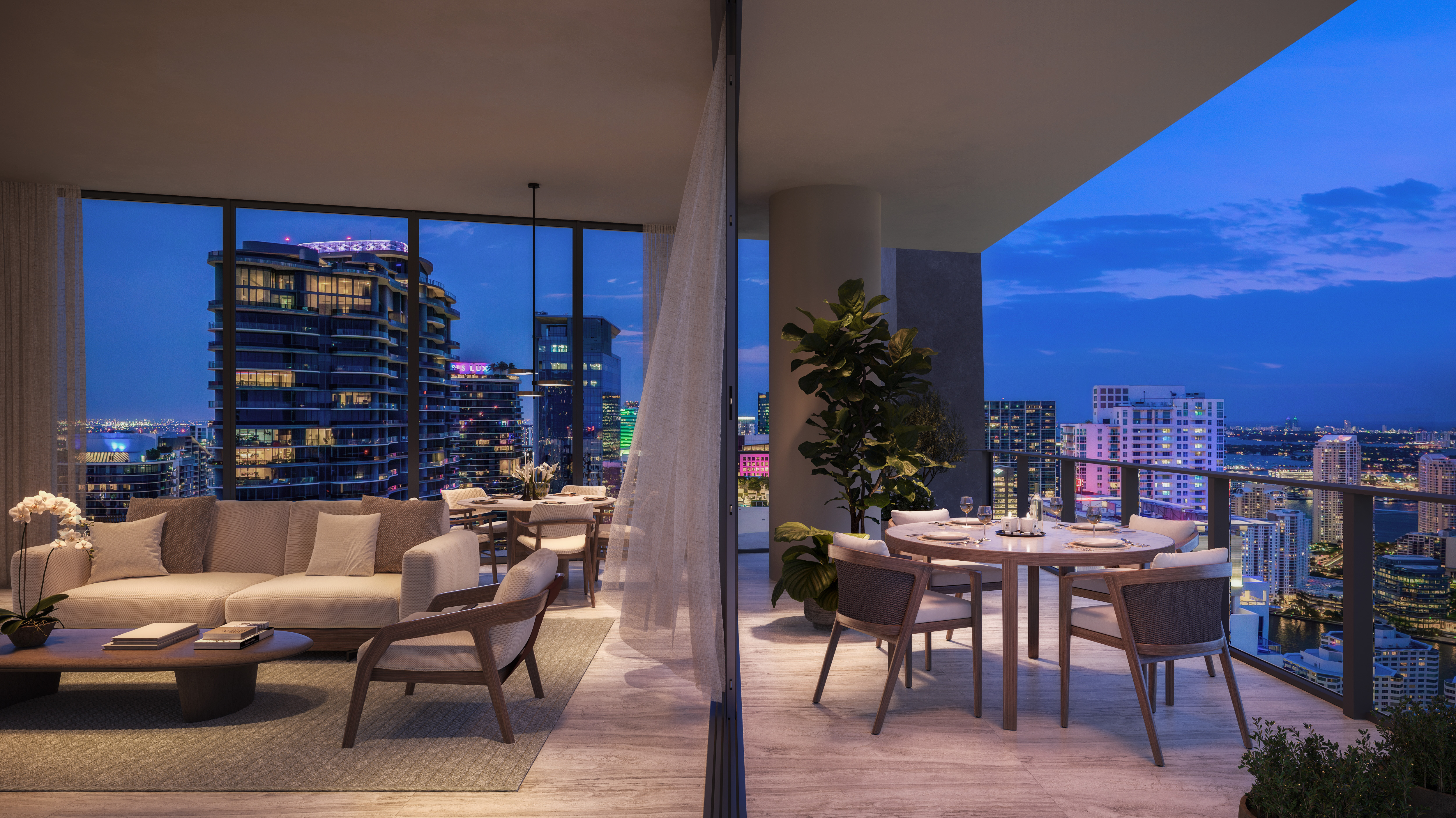 Model F living room opening to its terrace, developer rendering